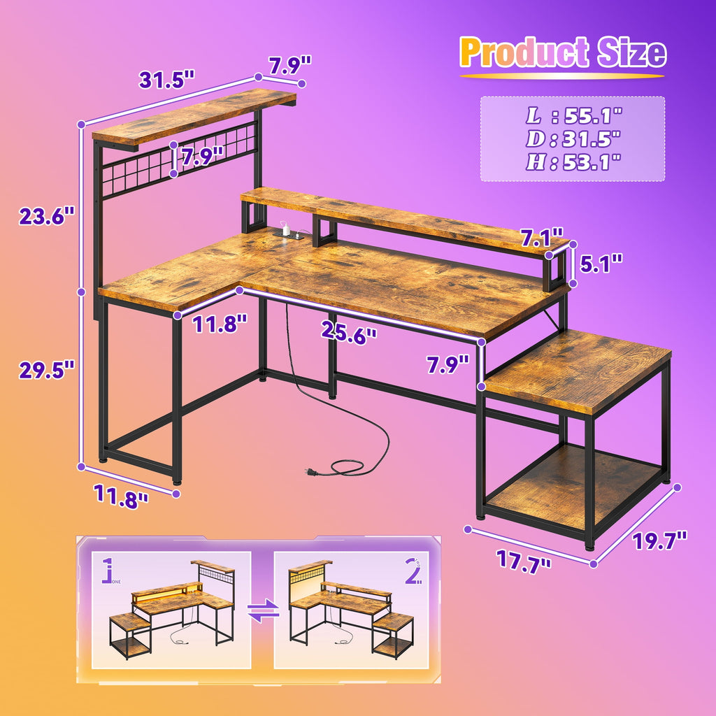 Enhomee L Shaped Computer Desk Reversible Corner Desk with Power Outlet Computer Desk with Led Lights and Storage Shelves, Rustic Brown