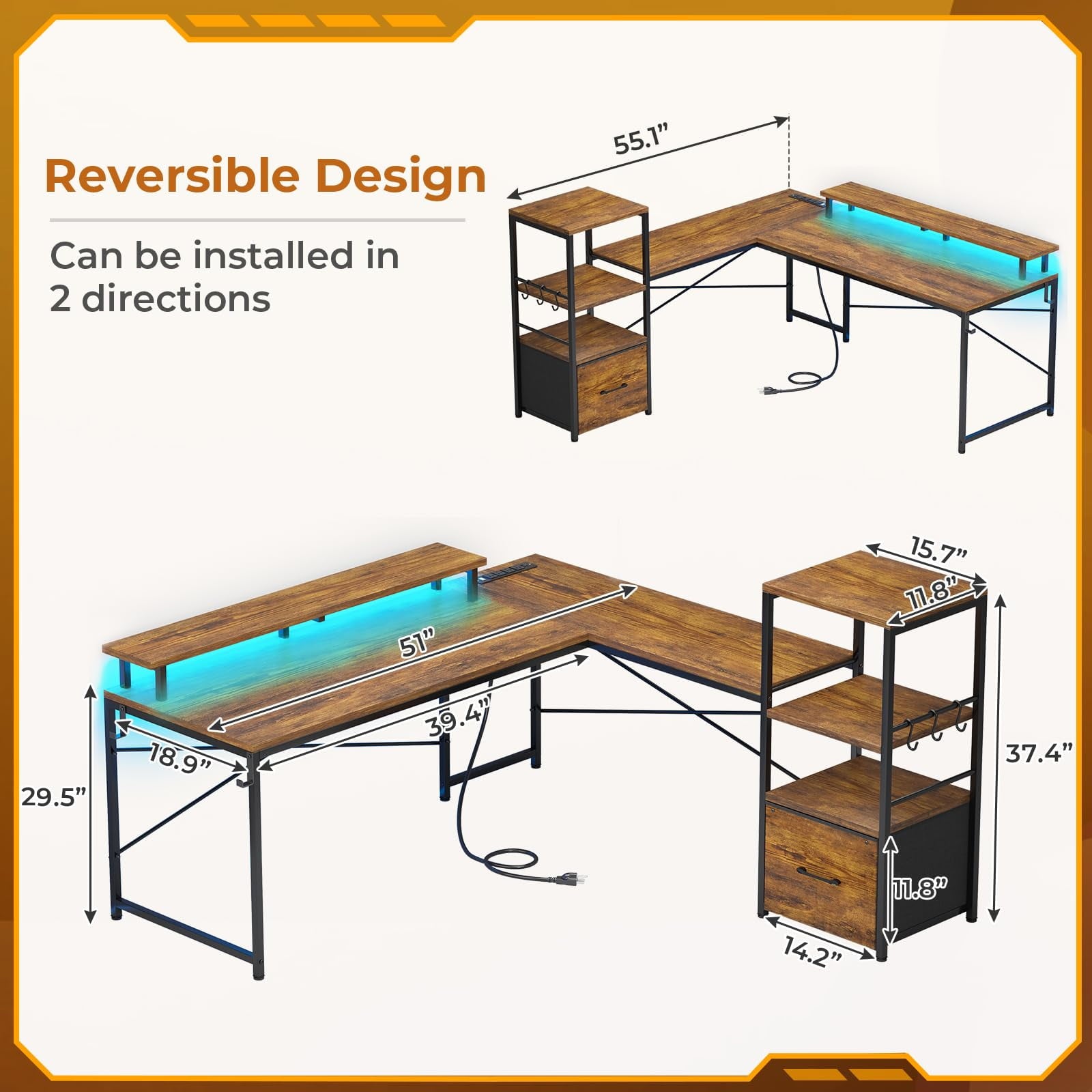 L Shaped Desk with Power Outlets and LED Lights, Reversible Computer Desk with Fabric File Drawer, Rustic Brown