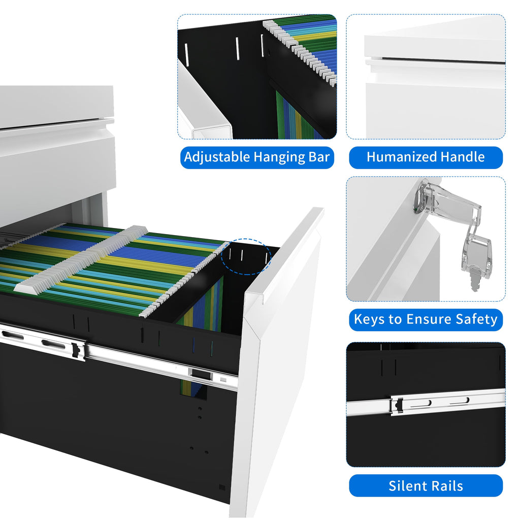 3-Drawer Lockable Steel Filing Cabinet with Keys - Includes Stationery Box, Horizontal Hanging Rod & Mobile Casters, White
