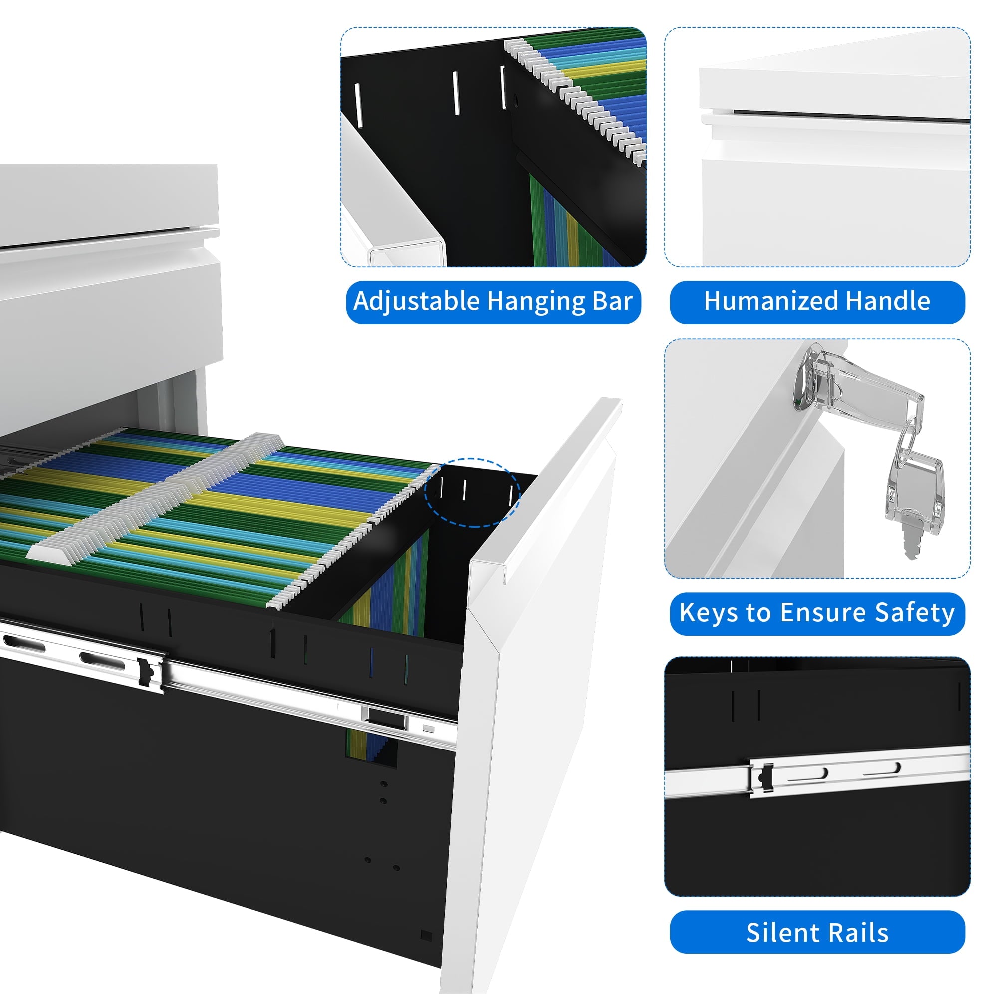 3-Drawer Lockable Steel Filing Cabinet with Keys - Includes Stationery Box, Horizontal Hanging Rod & Mobile Casters, White