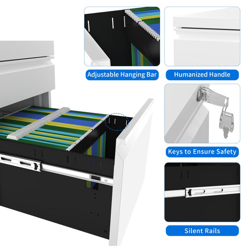 3-Drawer Lockable Steel Filing Cabinet with Keys - Includes Stationery Box, Horizontal Hanging Rod & Mobile Casters, White