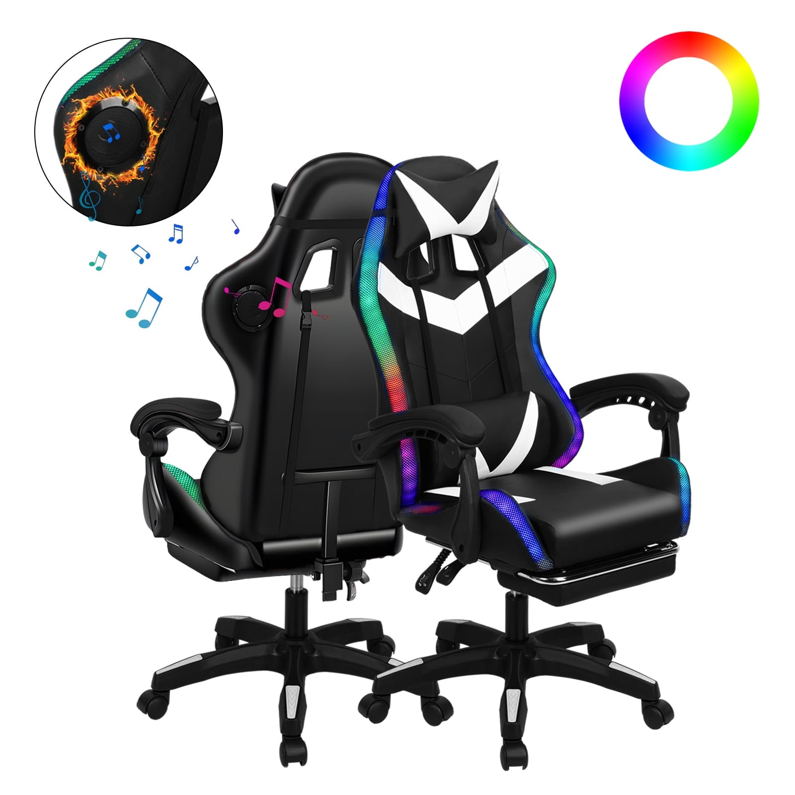 Lorelo 360 Degree Rotation Gaming Chair, Adjustable Height Computer Chair with Two Bluetooth-compatible Speakers, Multiple RGB LED Light Modes Game Chair with Retractable Footrest