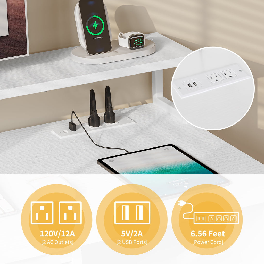 DWVO 47" Computer Desk with Storage Drawers & LED Light, Office Desk with Monitor Stand & Power Outlets, Work Study PC Desk for Small Spaces, Home Office, White