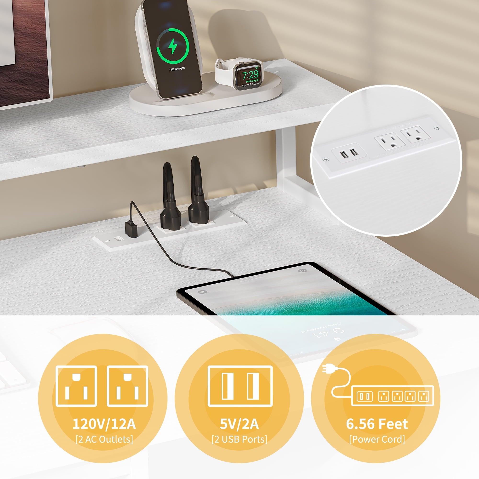 DWVO 47" Computer Desk with Storage Drawers & LED Light, Office Desk with Monitor Stand & Power Outlets, Work Study PC Desk for Small Spaces, Home Office, White