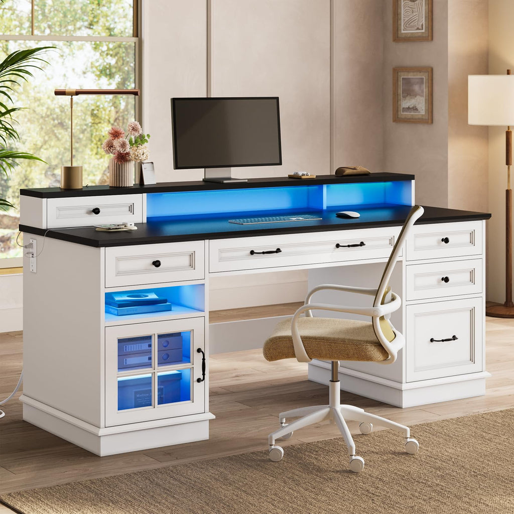 Plonmago Executive Desk with Drawers,Computer Desk with Power Outlet and Led Lights, Modern Desk with Storage Cabinet and Monitor Shelf for Home Office,Ergonomic,White