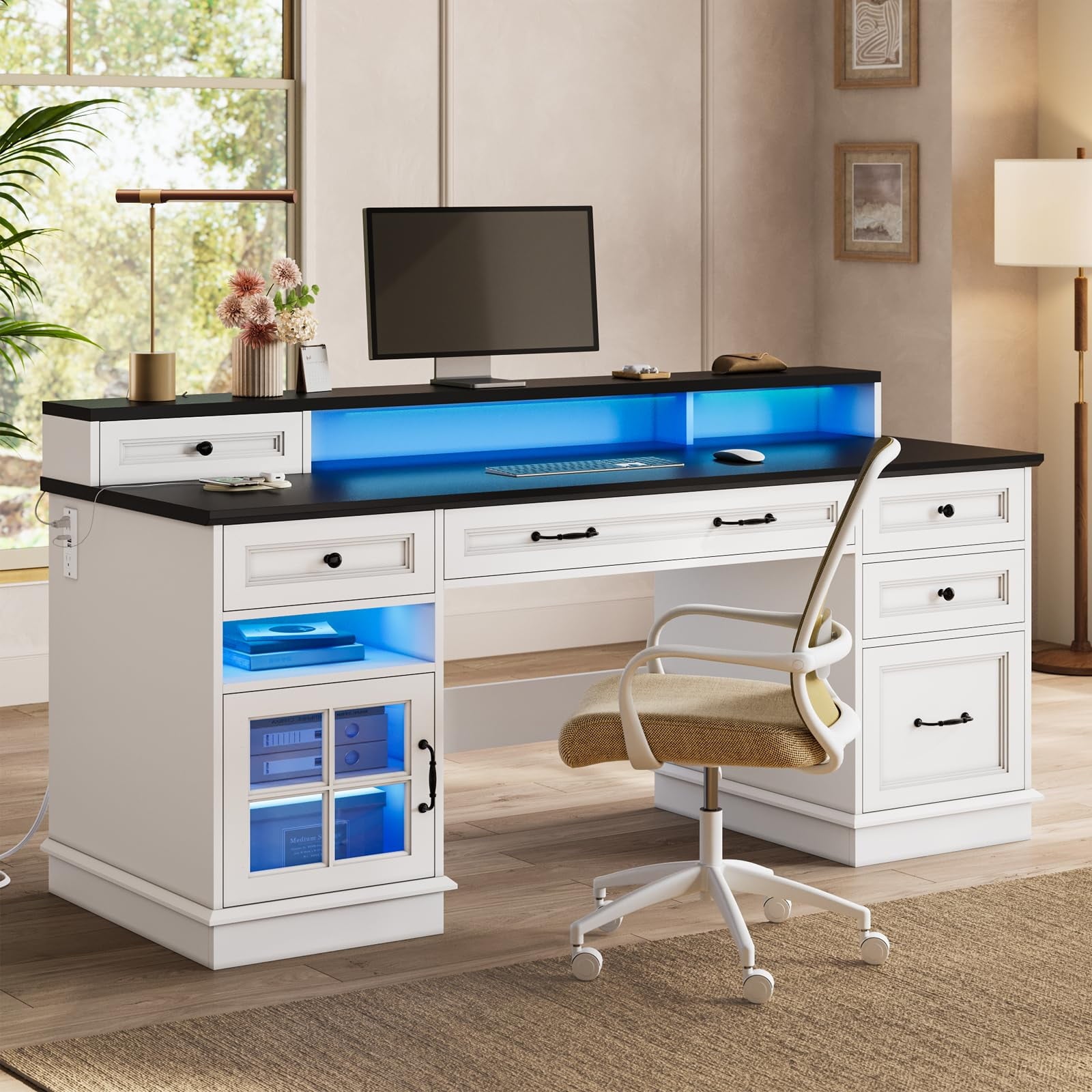 Plonmago Executive Desk with Drawers,Computer Desk with Power Outlet and Led Lights, Modern Desk with Storage Cabinet and Monitor Shelf for Home Office,Ergonomic,White