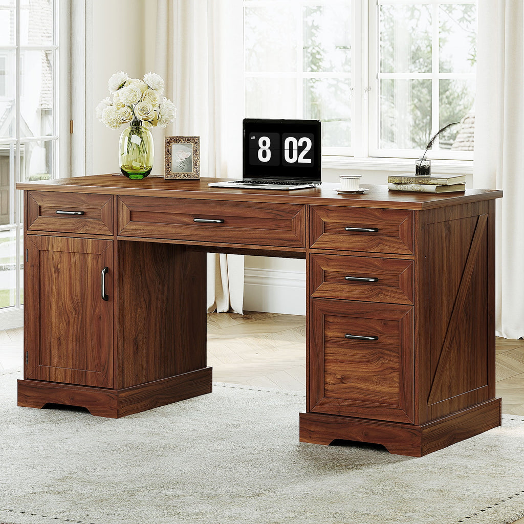 Casacomoda Home Office Desk with File Cabinet and Drawers, 59" Executive Desk with USB Power Outlet, Storage Cabinet for CPU, Workstation Table for Study, Rich Cherry