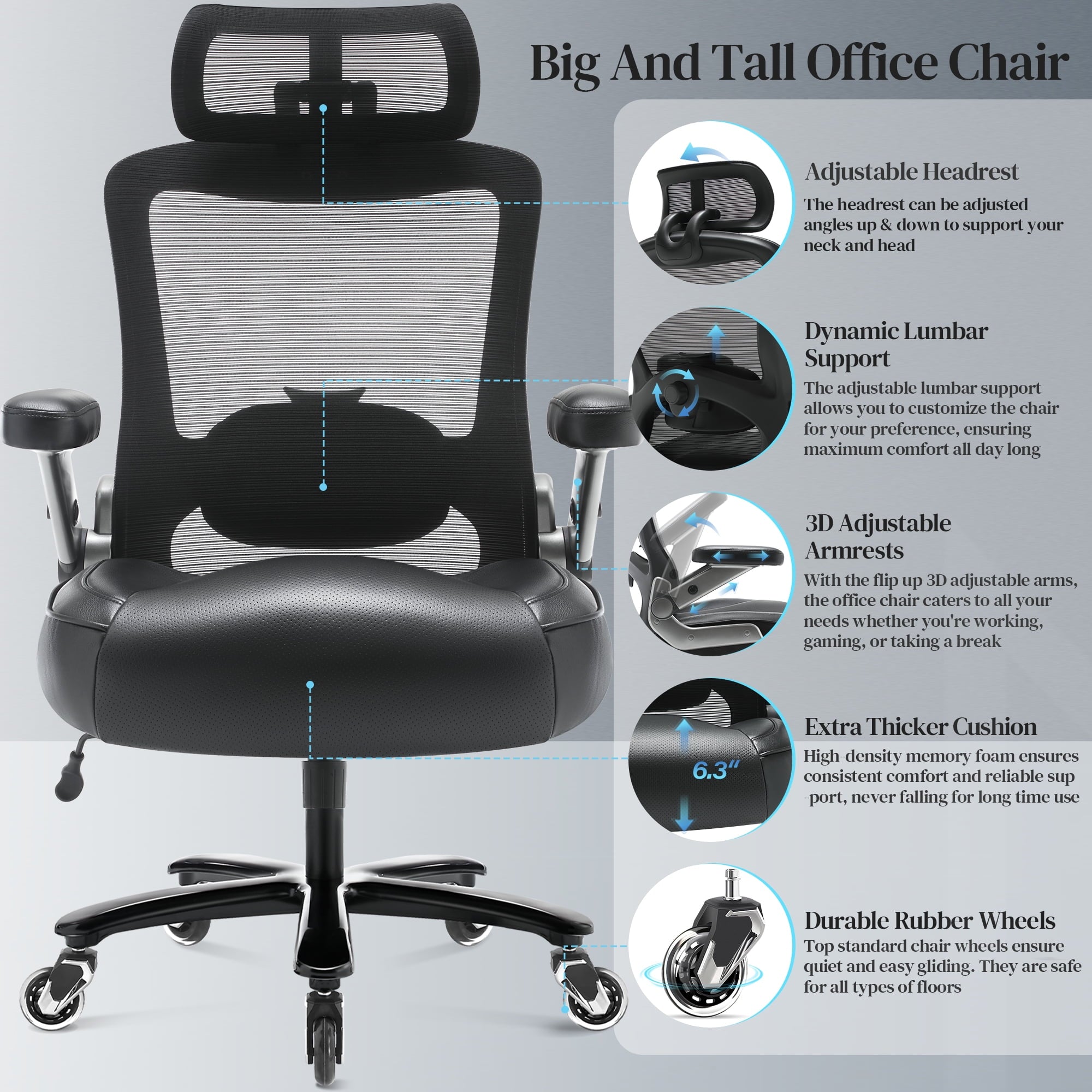 Big and Tall Office Chair 500 lbs, Ergonomic Desk Chair with 3D Flip up Arms, High Back Mesh Executive Computer Chair, Adjustable Headrest Lumbar Support, Black