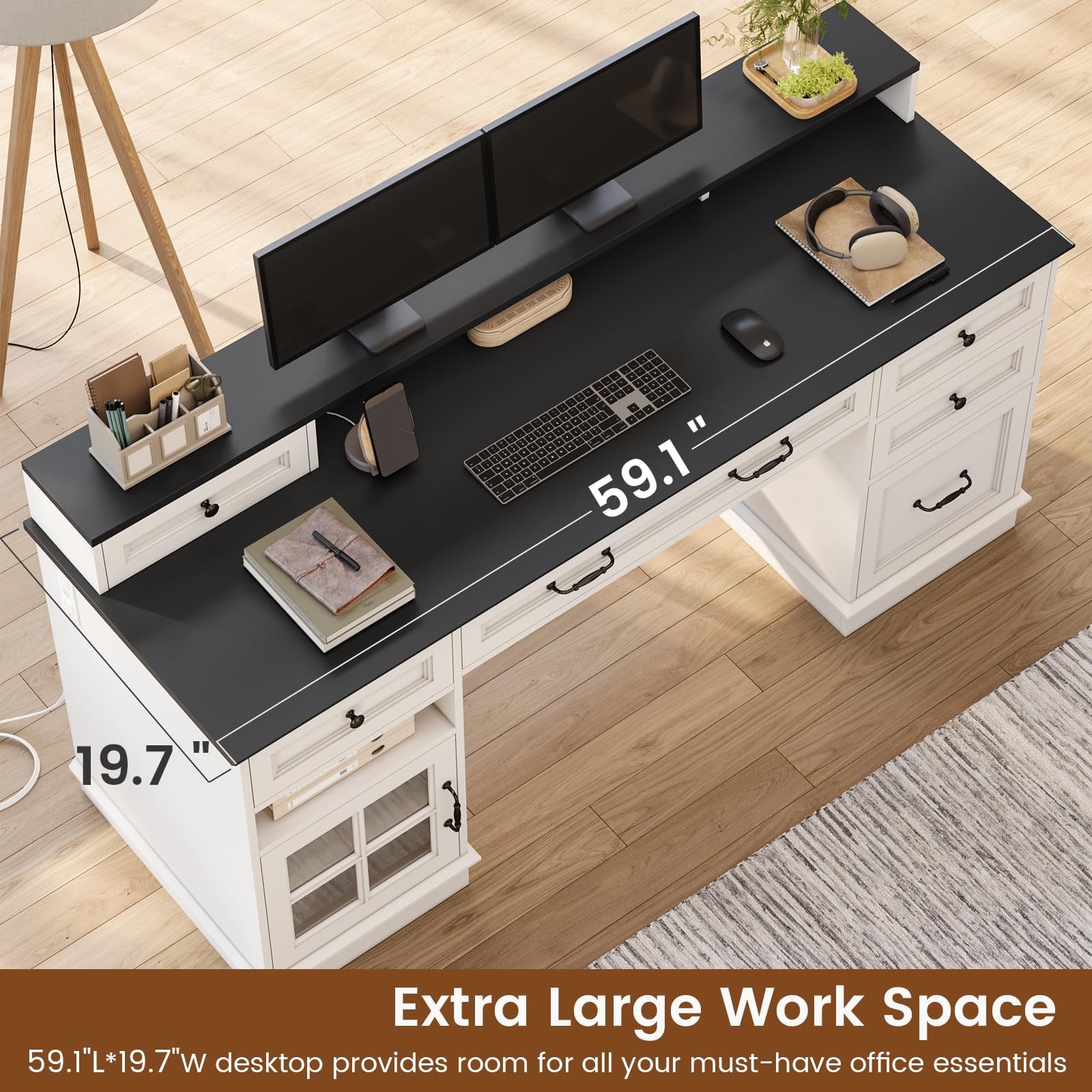 Plonmago Executive Desk with Drawers,Computer Desk with Power Outlet and Led Lights, Modern Desk with Storage Cabinet and Monitor Shelf for Home Office,Ergonomic,White
