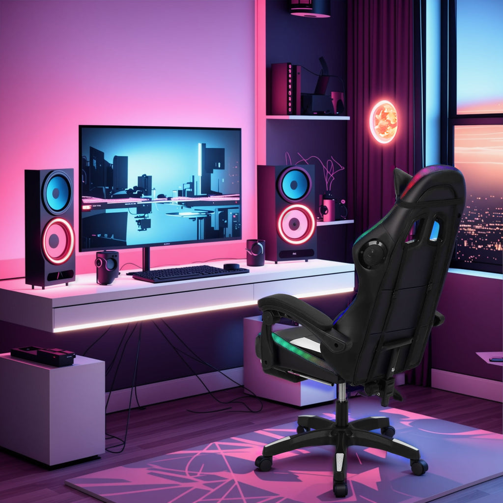 Lorelo 360 Degree Rotation Gaming Chair, Adjustable Height Computer Chair with Two Bluetooth-compatible Speakers, Multiple RGB LED Light Modes Game Chair with Retractable Footrest