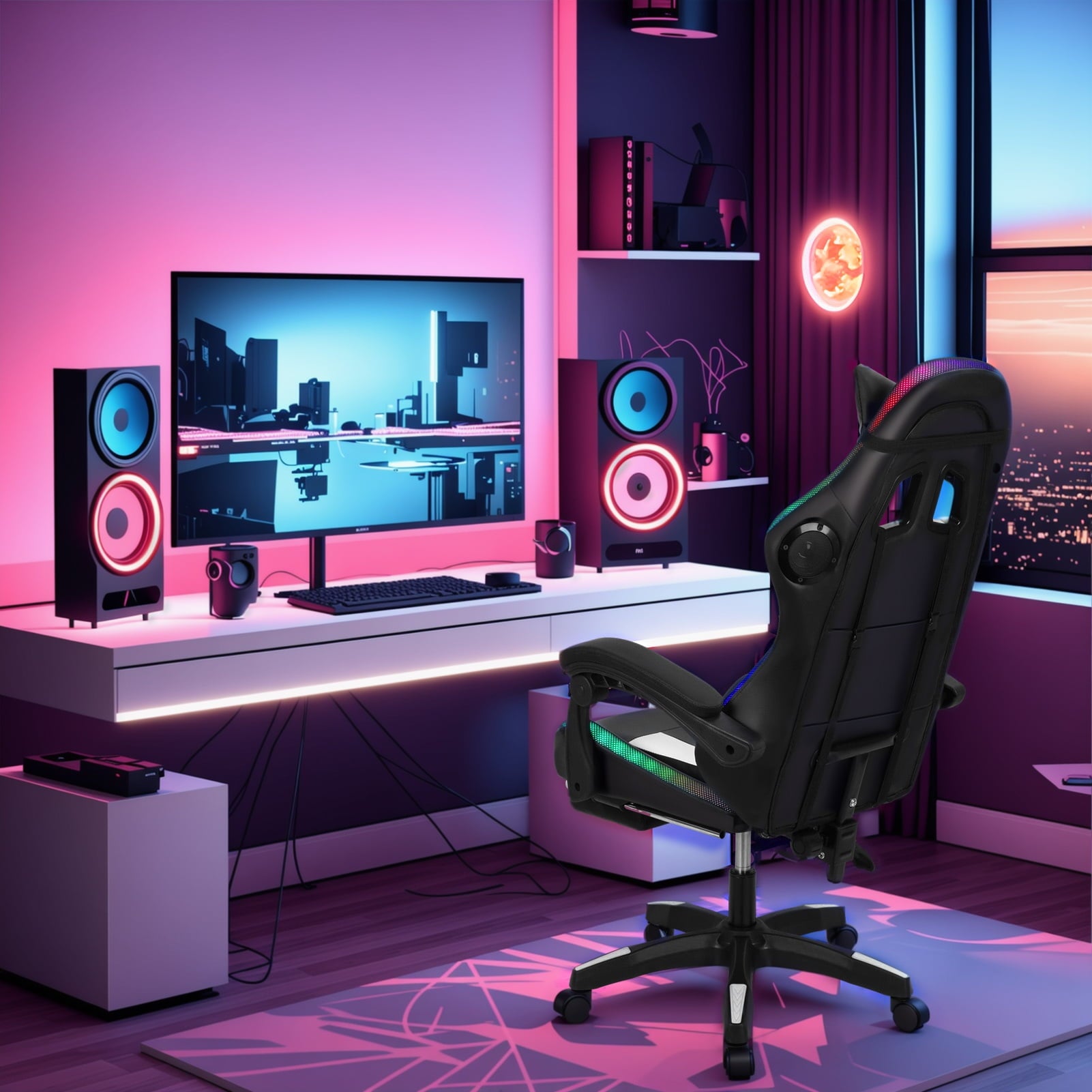 Lorelo 360 Degree Rotation Gaming Chair, Adjustable Height Computer Chair with Two Bluetooth-compatible Speakers, Multiple RGB LED Light Modes Game Chair with Retractable Footrest