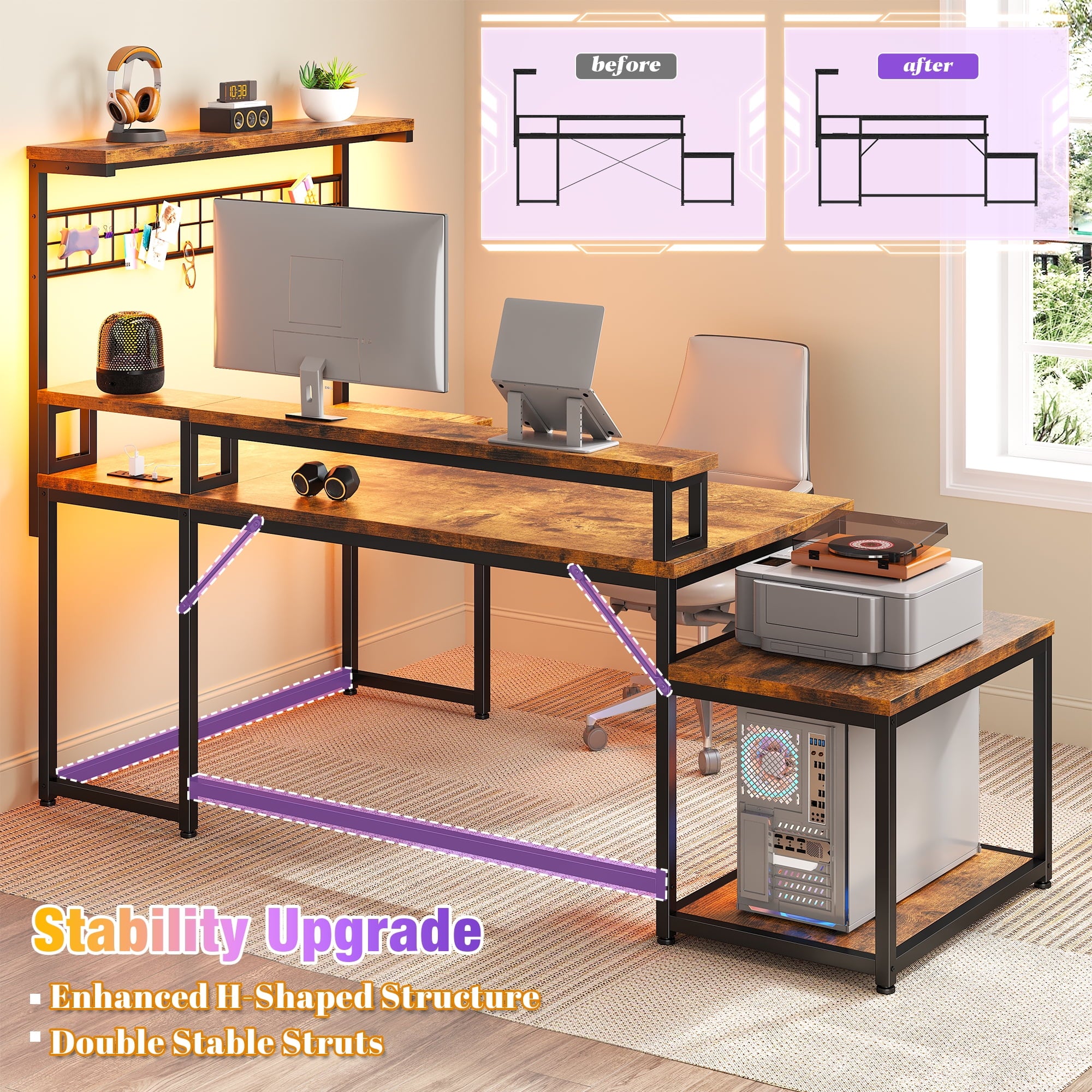 Enhomee L Shaped Computer Desk Reversible Corner Desk with Power Outlet Computer Desk with Led Lights and Storage Shelves, Rustic Brown