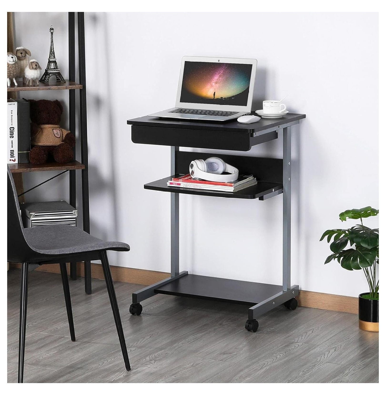 saney Mobile Compact Computer Desk Cart for Small Spaces, Work Workstation, Writing Desk Table with Drawers and Printer Shelf on Wheels