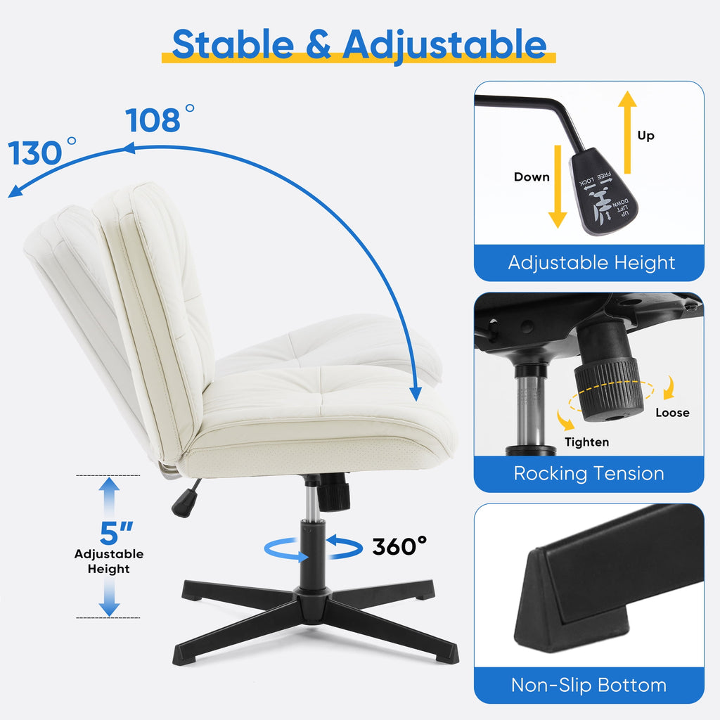 EDX Armless Office Fixed Chair, Wide Ergonomic Artificial Leather Swivel Chair with Height Adjustable, Comfortable Computer Accent Chair for Living or Bed Room, Beige