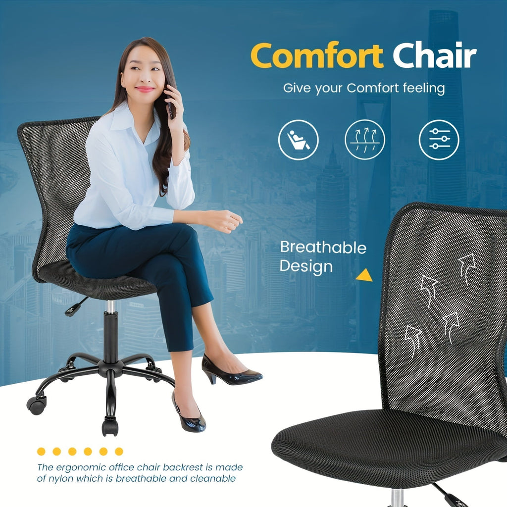 Small Chair Home Desk Chair Mesh Back Vanity Chair Ergonomic Computer Chair Height Adjustable Office Chair Swivel Task Chair No Armrest Chair Student Desk Chair for Teen, Black