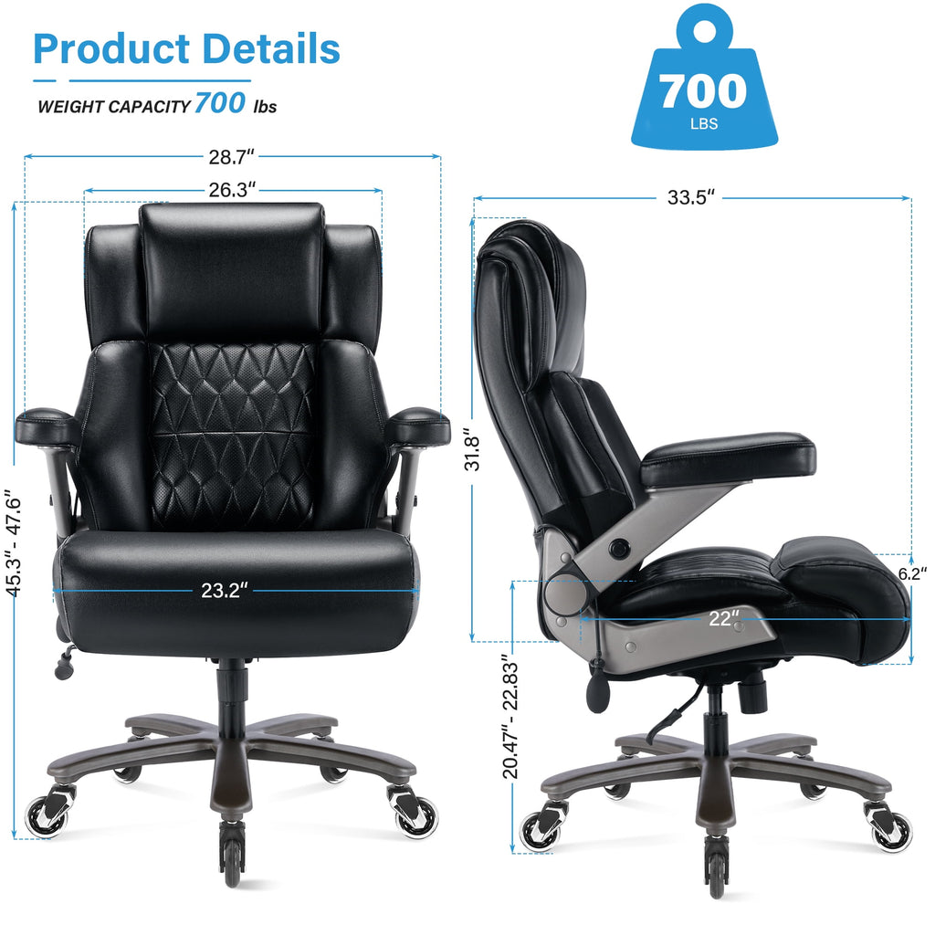 Big and Tall 700lbs Office Chair, High Back Executive Office Chair with 3D Flip up Arms, Adjustable Lumbar Support, Heavy Duty Metal Base, Home Office Computer Desk Chair, Black
