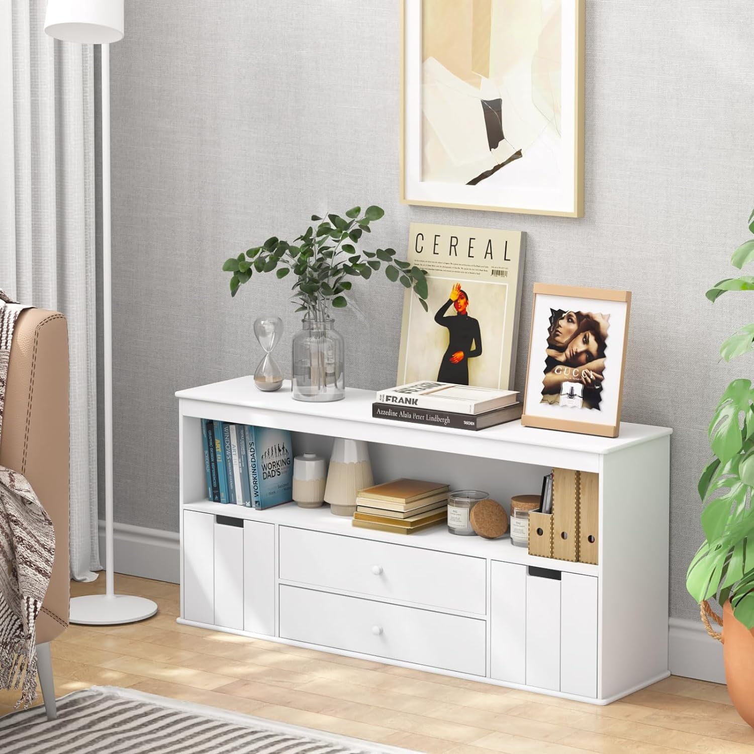 44.5" Toy Storage Organizer with 2 Drawers, Wooden Toy Organizer Bins, Kids Bookshelf for Reading, Storing, Playing, White