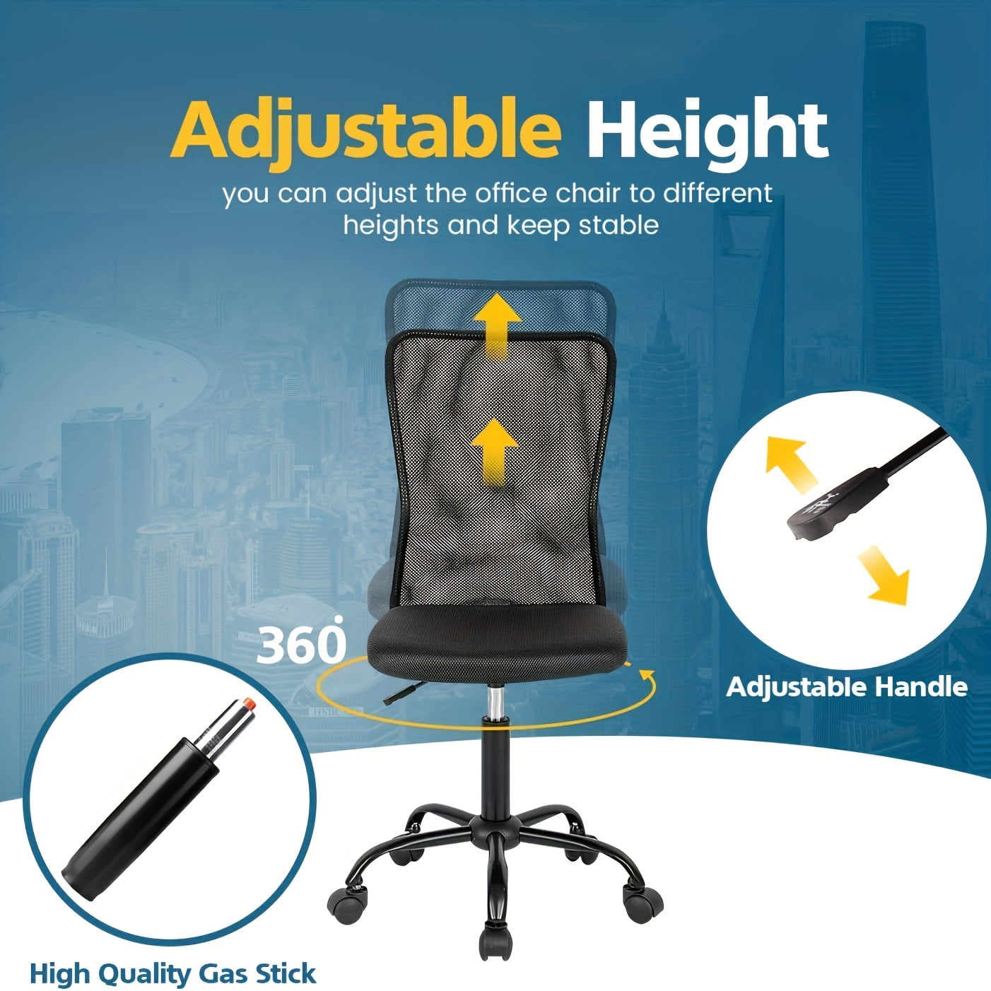 Small Chair Home Desk Chair Mesh Back Vanity Chair Ergonomic Computer Chair Height Adjustable Office Chair Swivel Task Chair No Armrest Chair Student Desk Chair for Teen, Black