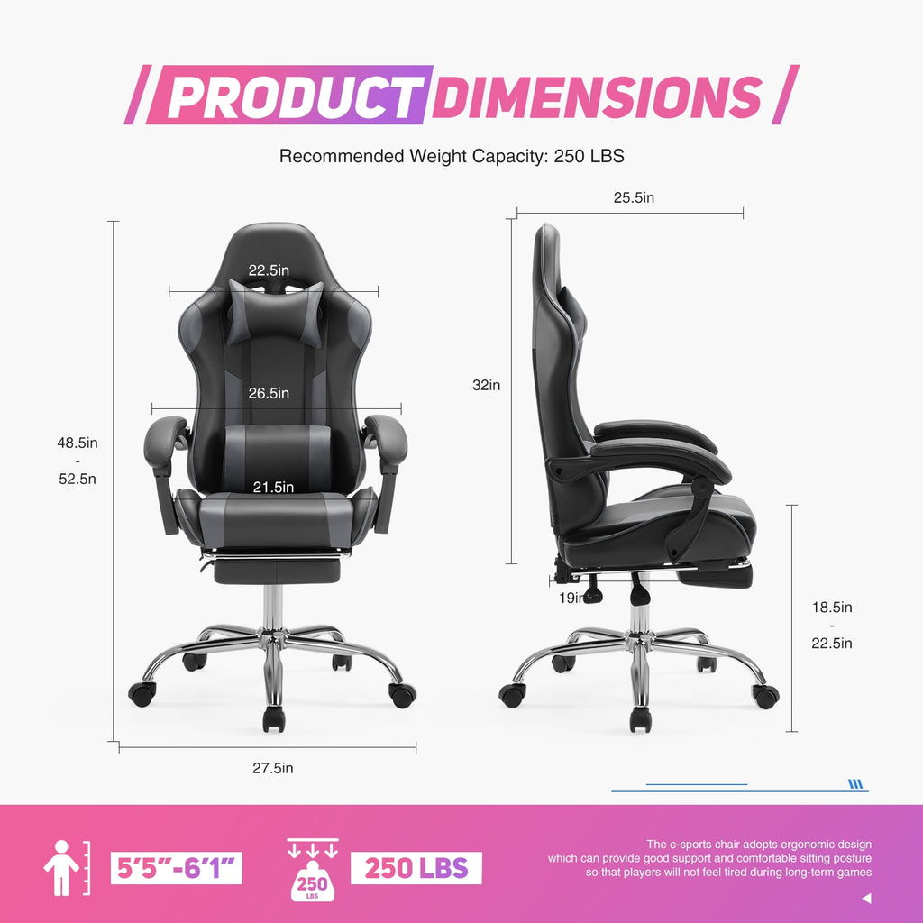 CONCETTA Gaming Chair, Ergonomic PU Leather, with Footrest, Lumbar Support, Headrest, Gray