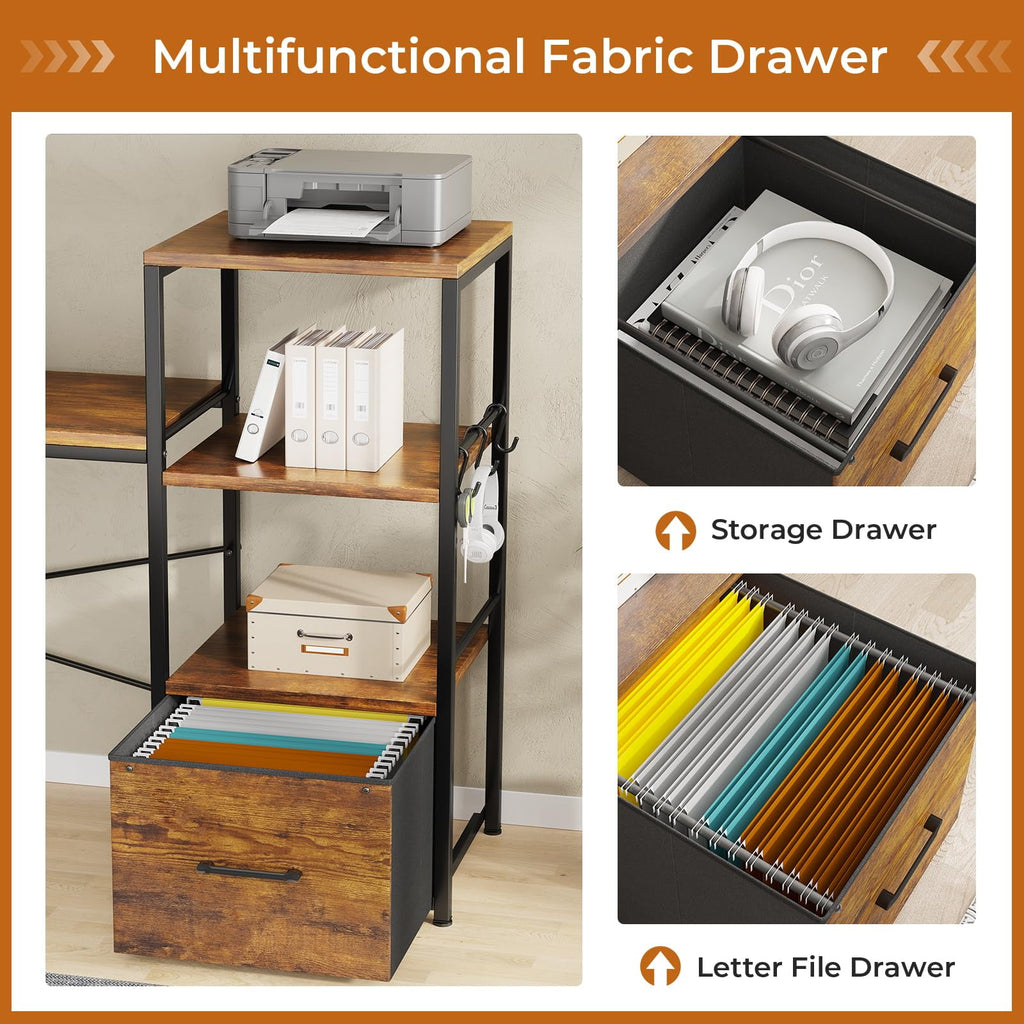 L Shaped Desk with Power Outlets and LED Lights, Reversible Computer Desk with Fabric File Drawer, Rustic Brown