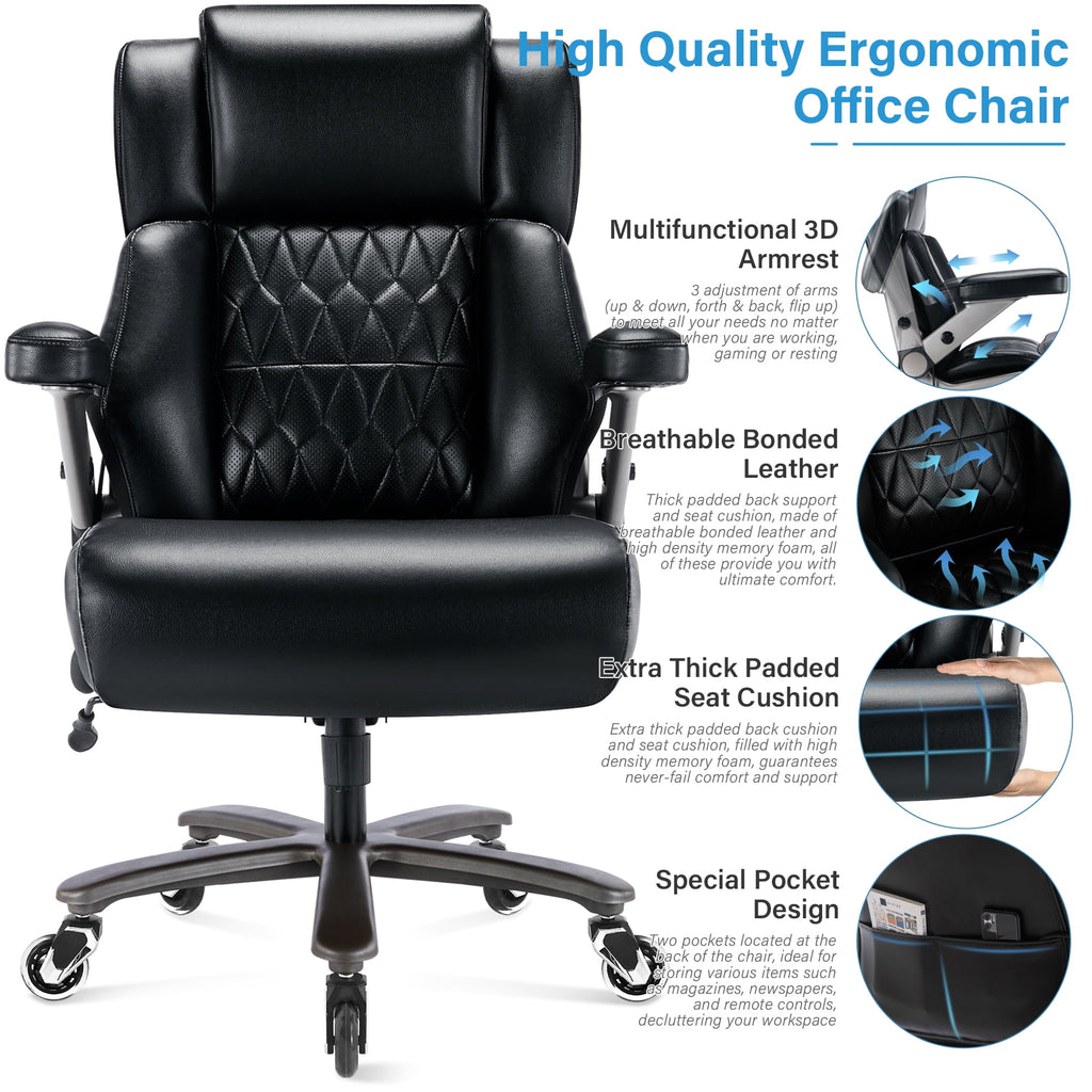 Big and Tall 700lbs Office Chair, High Back Executive Office Chair with 3D Flip up Arms, Adjustable Lumbar Support, Heavy Duty Metal Base, Home Office Computer Desk Chair, Black