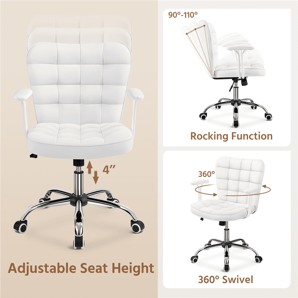 Alden Design Modern Mid-Back Faux Leather Office Chair Upholstered for Home Office, White