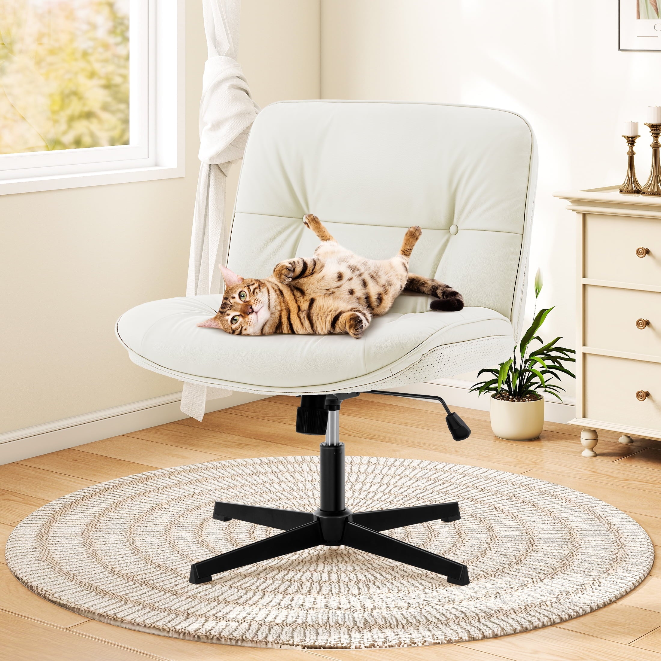 EDX Armless Office Fixed Chair, Wide Ergonomic Artificial Leather Swivel Chair with Height Adjustable, Comfortable Computer Accent Chair for Living or Bed Room, Beige