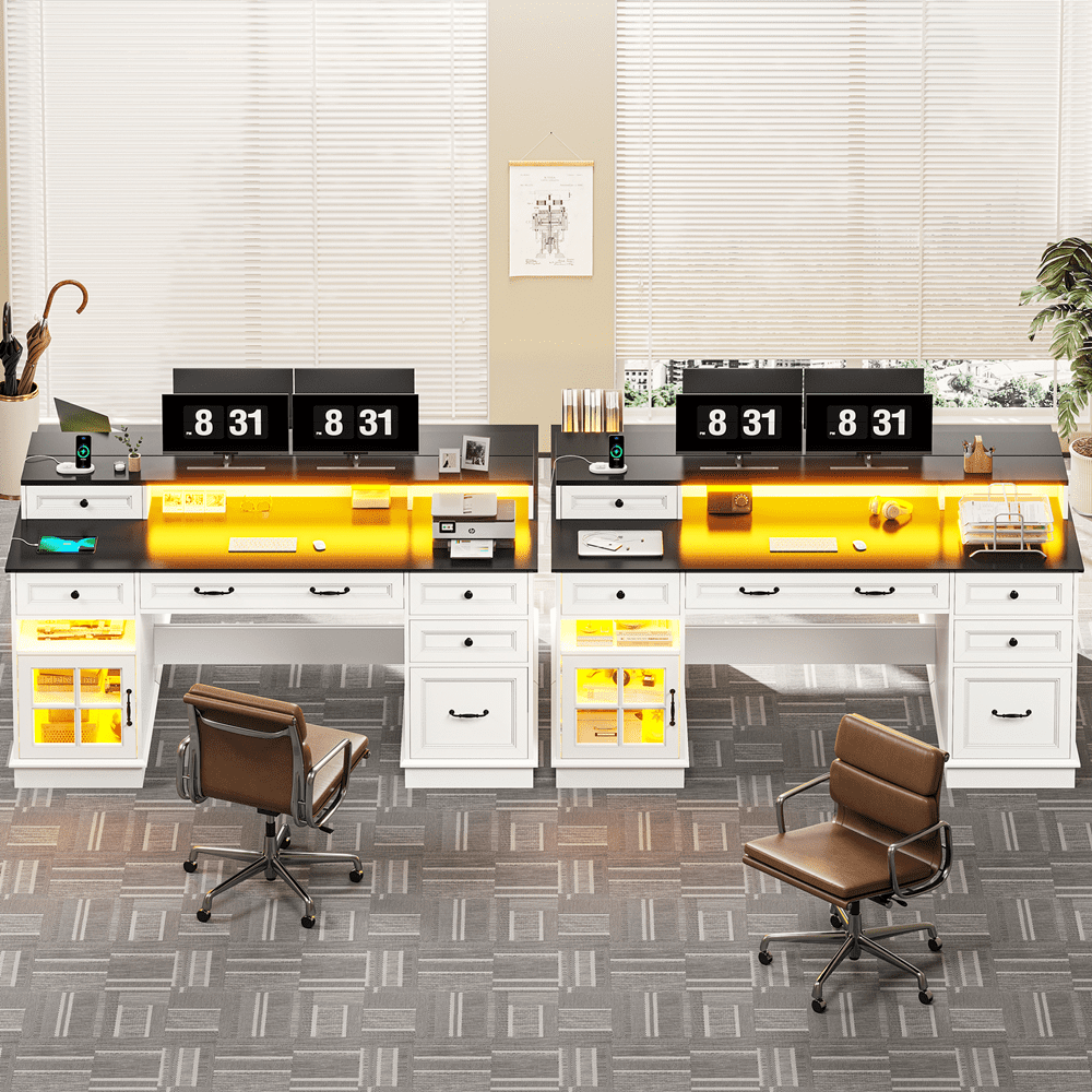 Plonmago Executive Desk with Drawers,Computer Desk with Power Outlet and Led Lights, Modern Desk with Storage Cabinet and Monitor Shelf for Home Office,Ergonomic,White